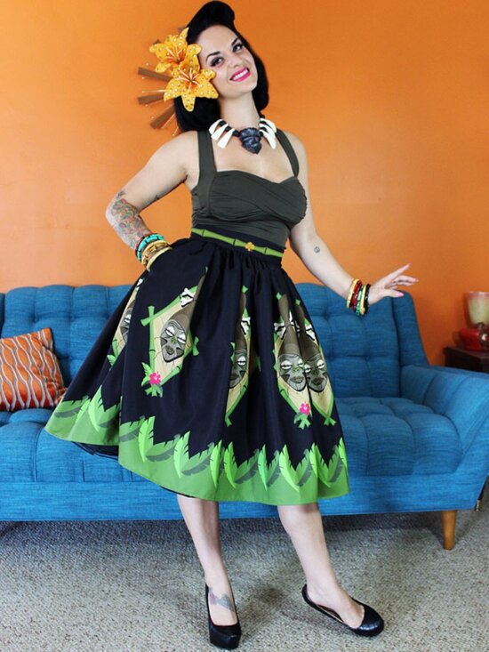 The Oblong Box Shop Dresses & Skirts - Shrunken Head Novelty Print Circle Skirt Oblong Box Shop XL Retro Pinup